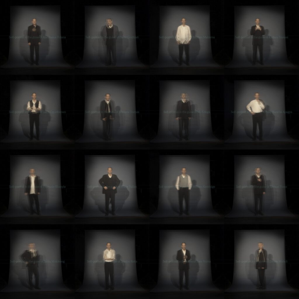 Self-portrait in the guise of ...
Fotografische Serie zu Samuel Fosso, Roger Ballen, William Kentridge, Philip Kwame Apagya, Sam Nzima, Santu Mofokeng, Mo Edoga, Marlene Dumas, Seydou Keïta, David Goldblatt, Aboubakar Fofana, Zanele Muholi, Lakin Ogunbanwo, Kadara Enyeasi, Phumzile Khanyle und Ibrahim Mahama
(Shot with an ND filter and 30 seconds exposure time, triple exposed, I remain in the role of the represented artists for a total of one and a half minutes, Giclée-Prints, Edition von 3+1)